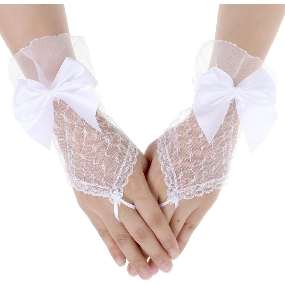 Women Short Bow White Lace Gloves Fingerless Bride Wedding Cosplay Party Prom